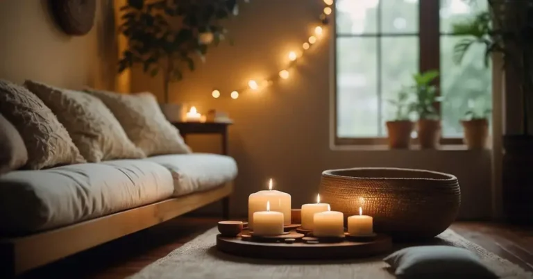Sound Healing Meditation: Inner Peace Through Vibrations 2024 6 Sound Healing Meditation: A serene room with soft lighting, cushions, and instruments such as singing bowls and chimes arranged in a circle. A gentle, peaceful atmosphere with a sense of tranquility and healing energy