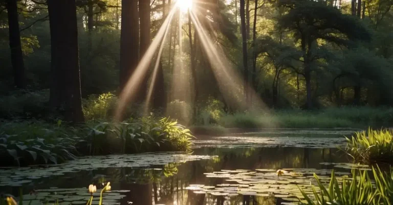 Spiritual Detox: Easy Cleanse Your Mind And Soul 2024 2 Spiritual Detox: A serene forest clearing with beams of light filtering through the trees, illuminating a small pond with lilies floating on the surface