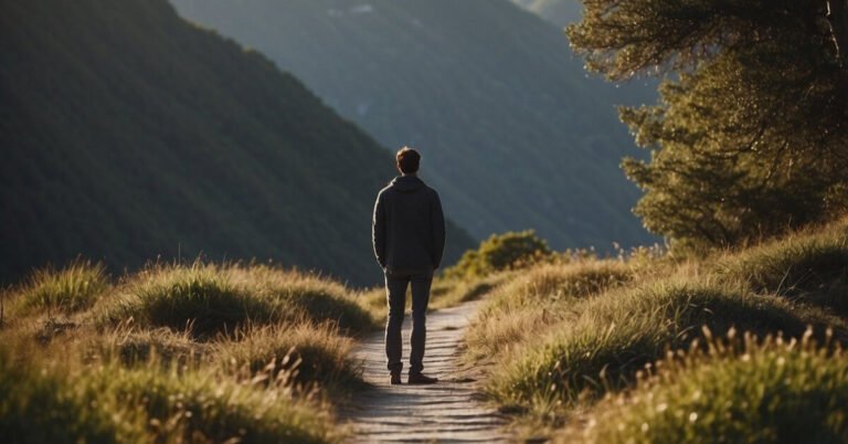 Spiritual Goals: Pathways To A Fulfilled Life 2024 10 Spiritual Goals: A figure stands at a crossroads, one path leading to a peaceful mountain and the other to a serene ocean. The figure contemplates their spiritual goals, seeking clarity and direction