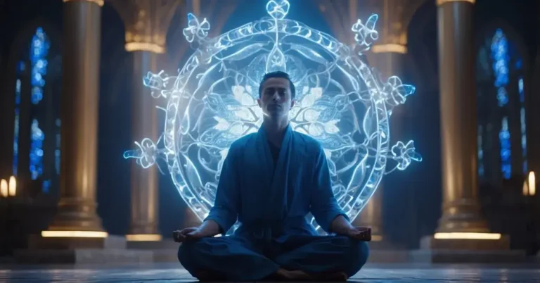 Throat Chakra Meditation: Unlock Your Inner Voice 2024 5 Throat Chakra Meditation: A serene figure sits cross-legged, surrounded by blue light and swirling energy, focusing on the throat area