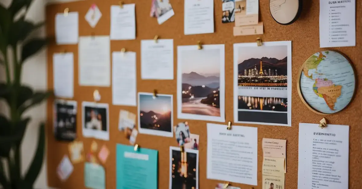 Vision Board Ideas: Creative Tips to Inspire Your Dreams 2024 1 Vision Board Ideas: A vision board with images of goals, dreams, and affirmations pinned on a corkboard against a bright, organized workspace