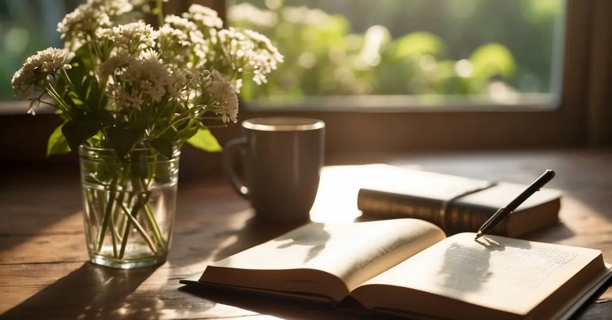 What Are Affirmations: Boost Your Positive Thinking 2024 1 What Are Affirmations: A serene, sunlit room with a journal and pen on a table. A window overlooks a peaceful garden. A mantra is written on the page