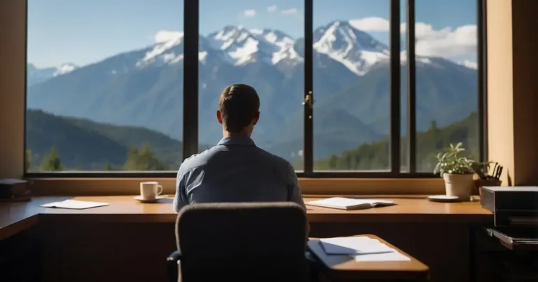What Is Remote Viewing: The Mind's Hidden Potential 2024 2 What Is Remote Viewing: A person sitting at a desk with a pen and paper, gazing out a window at a distant mountain range