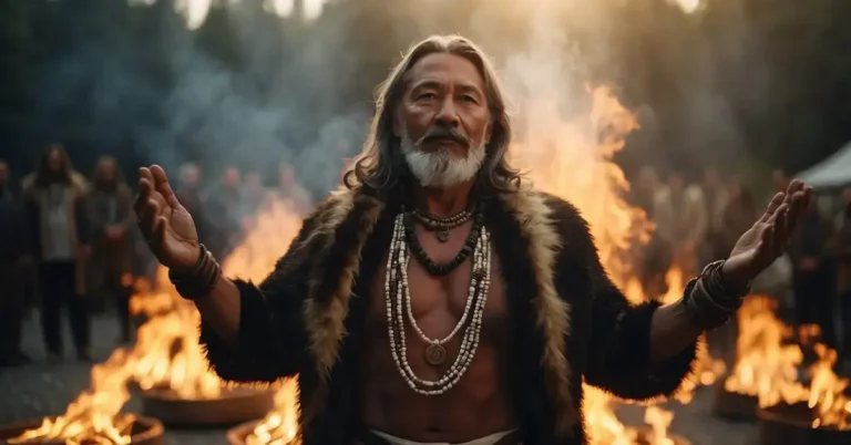 What Is Shamanism: Exploring Ancient Spiritual Practices 2024 9 What Is Shamanism: A shamanic ritual: a fire burns in the center of a circle, surrounded by feathers, stones, and herbs. A shaman stands with arms raised, connecting with the spirit world