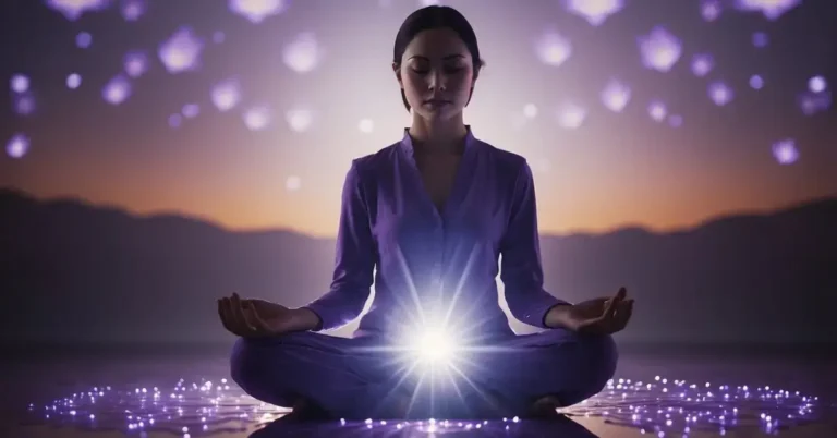 Crown Chakra Meditation: Unlocking Higher Consciousness 2024 4 Crown Chakra Meditation: A figure meditates under a glowing violet lotus, surrounded by a halo of light, symbolizing the opening and activation of the crown chakra