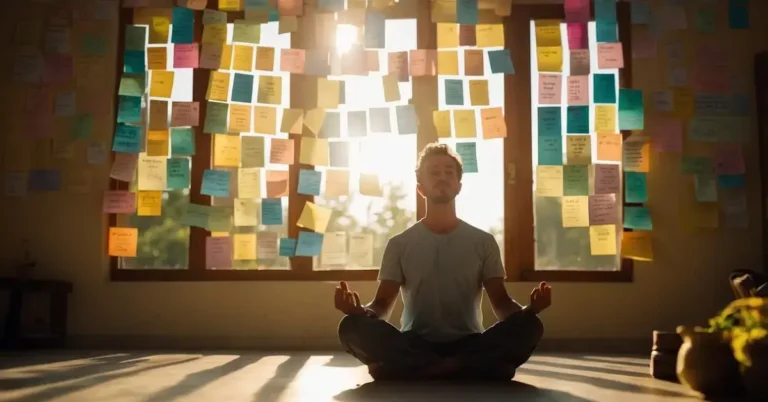 How To Use Affirmations For Manifestation 2024 1 How To Use Affirmations For Manifestation: A serene setting with a person meditating, surrounded by positive affirmations written on colorful sticky notes. The sun shines through a window, casting a warm glow on the scene