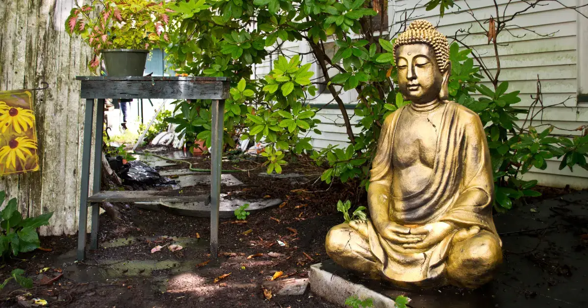 20+ Buddha Garden Backyards Ideas You Will Love 1 Buddha Garden Backyards: buddha is sitting in the garden